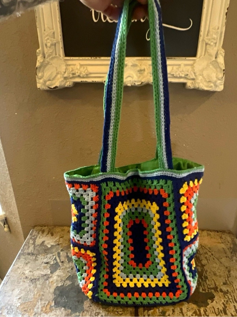Handmade Multicolor Crochet Tote Bag - Green Accent
